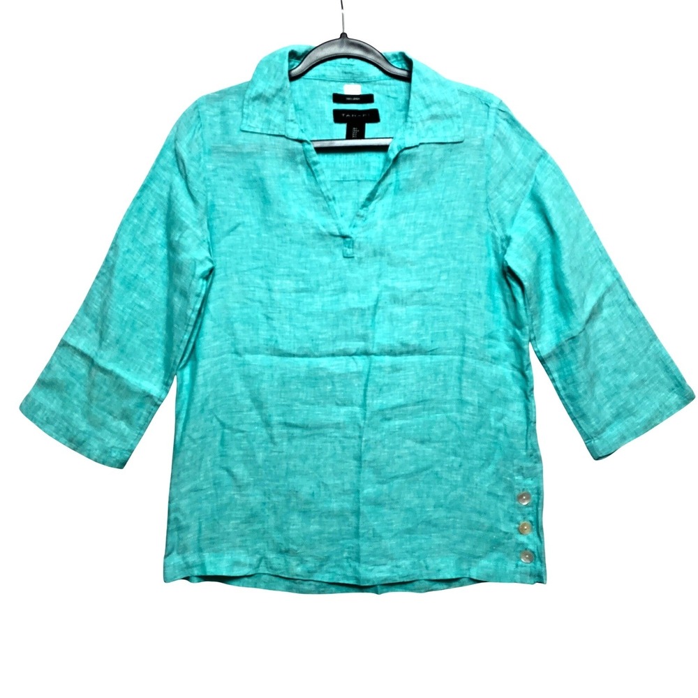 Tahari Shirt Womens Small Turquiose 3/4 Sleeve Collared 100% Linen Top